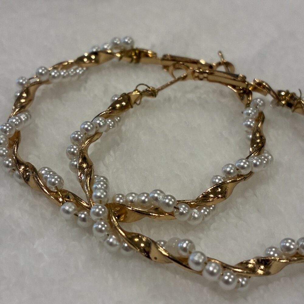 Faux Pearl & Gold Plated Twist Hoop Earrings - Picture 4 of 9
